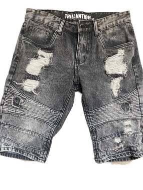 Trill Nation Distressed Biker Denim Shorts Acid Wash Size 32
